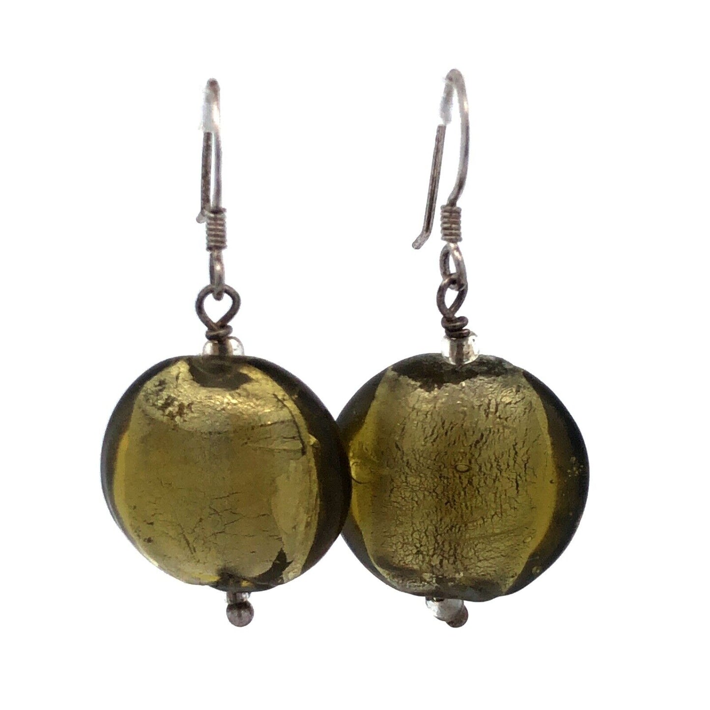 Estate 925 Sterling Silver Round Lime Green Dichroic Glass Hook Dangle Earrings