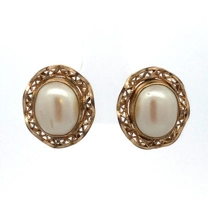 Estate 14K Yellow Gold Filled Oval Pearl Filigree Halo Birds Nest Stud Earrings