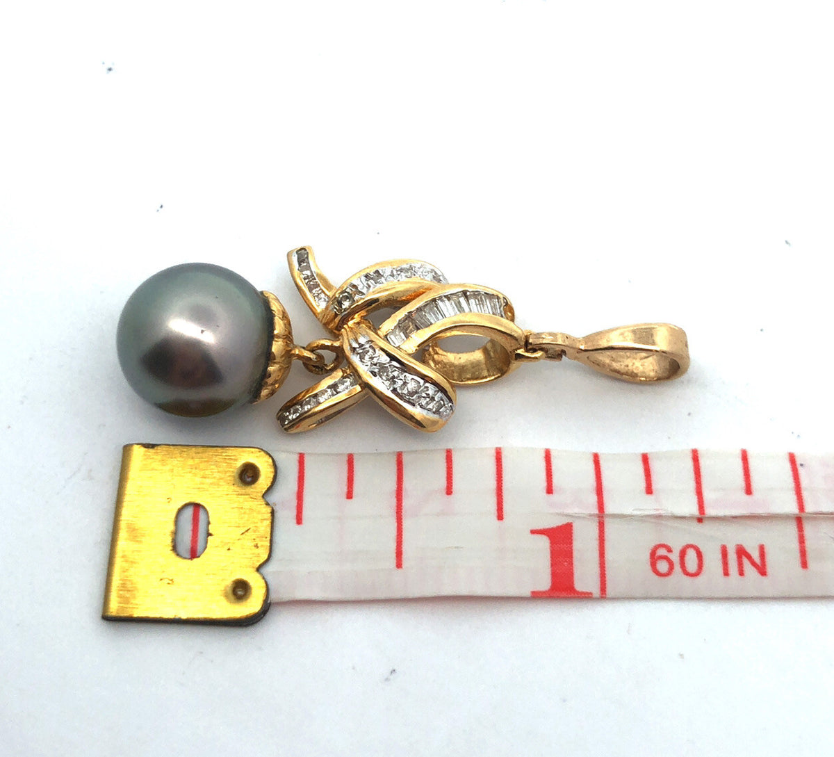 Designer 14K Yellow Gold Black Pearl Diamond Accented Statement Drop Pendant