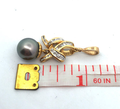 Designer 14K Yellow Gold Black Pearl Diamond Accented Statement Drop Pendant