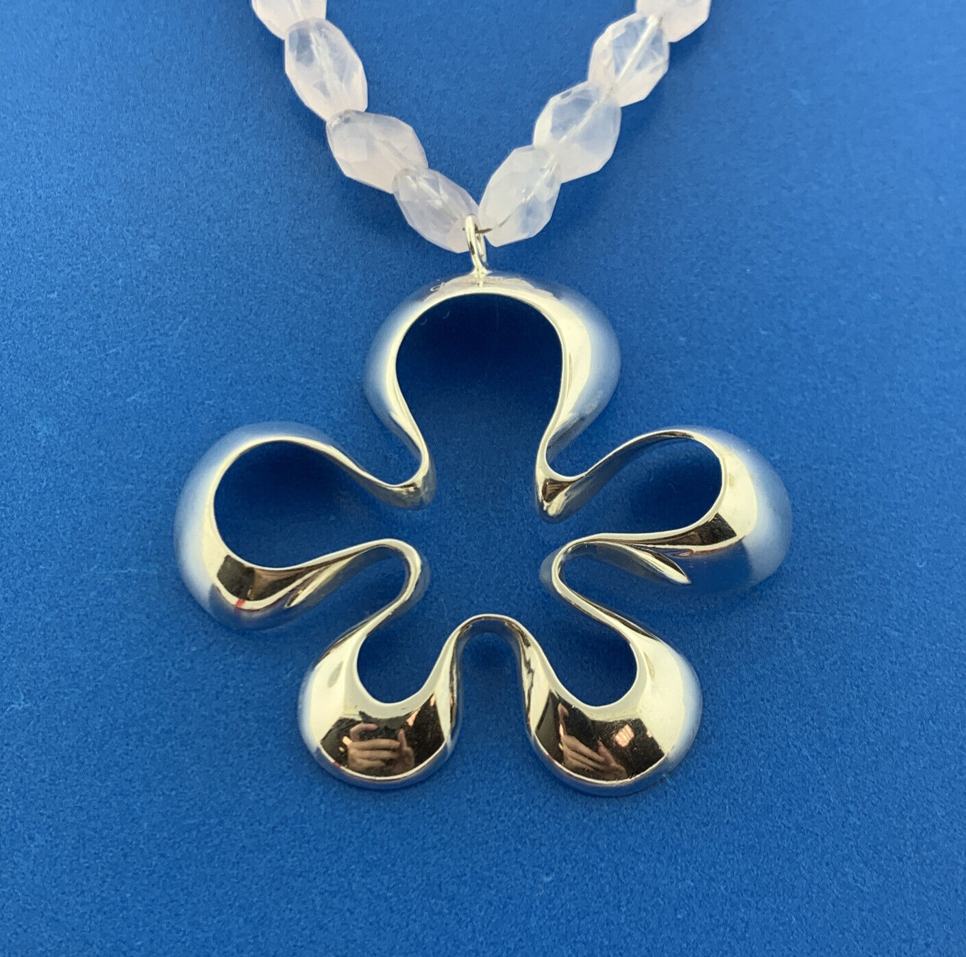 Designer Modernist Sterling Silver Rose Quartz Abstract Flower Pendant Necklace