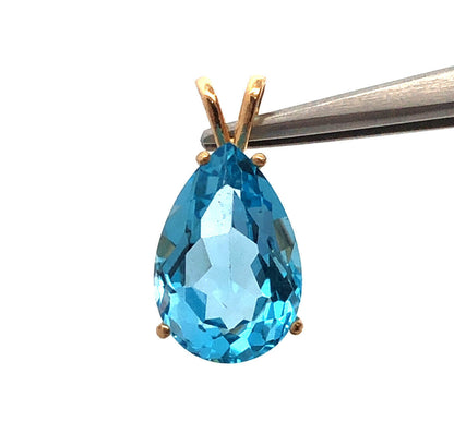 Designer 14K Yellow Gold Pear Shaped Blue Topaz Statement Drop Pendant