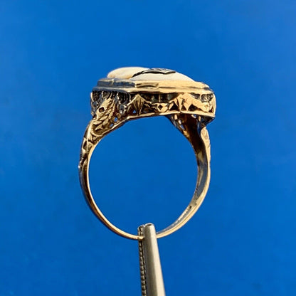 Vintage Designer 10K Yellow Gold Diamond Rectangle Cameo Filigree Statement Ring