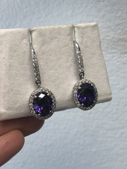 Designer Sterling Silver 925 Purple White Cubic Zirconia CZ Drop Dangle Earrings