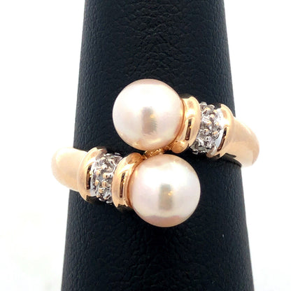 Designer AV 14K Yellow Gold Round Pearl Diamond Accent Statement Bypass Ring