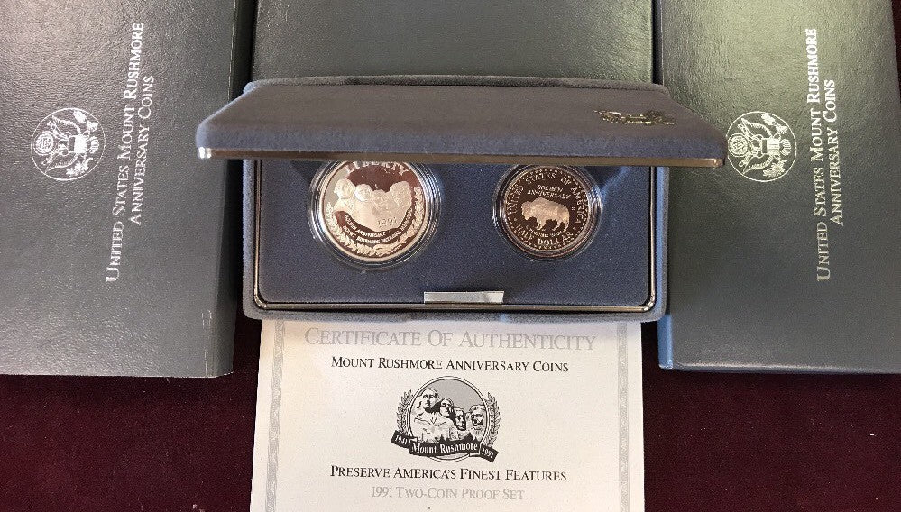 1991 S Mount Rushmore Anniversary 2 Coin 90% Silver Clad Proof Set OGP/COA