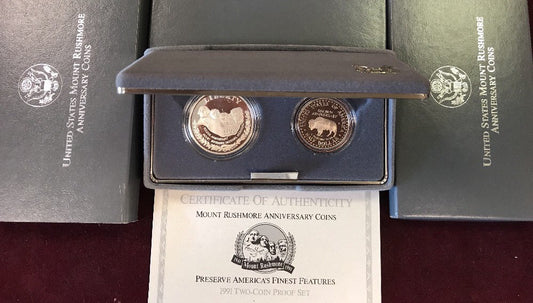 1991 S Mount Rushmore Anniversary 2 Coin 90% Silver Clad Proof Set OGP/COA