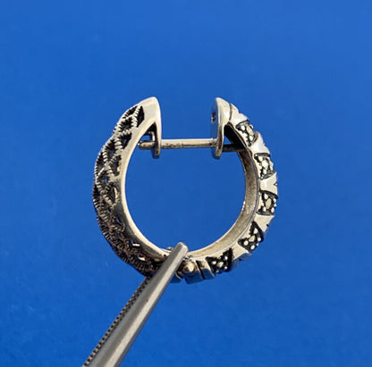 Designer 925 Sterling Silver Marcasite Basket Weave Hoop Earrings