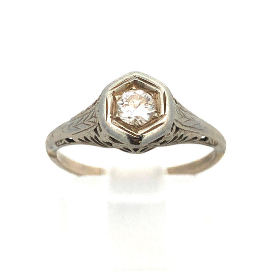 Art Nouveau Art Deco 14K White Gold Diamond Solitaire Filigree Engagement Ring