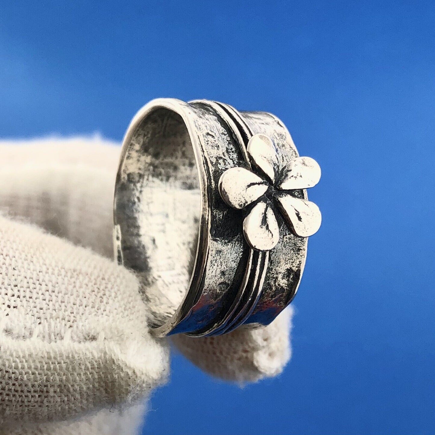 Vintage 925 Sterling Silver Daisy Peony Flower Wide Cigar Band Ring