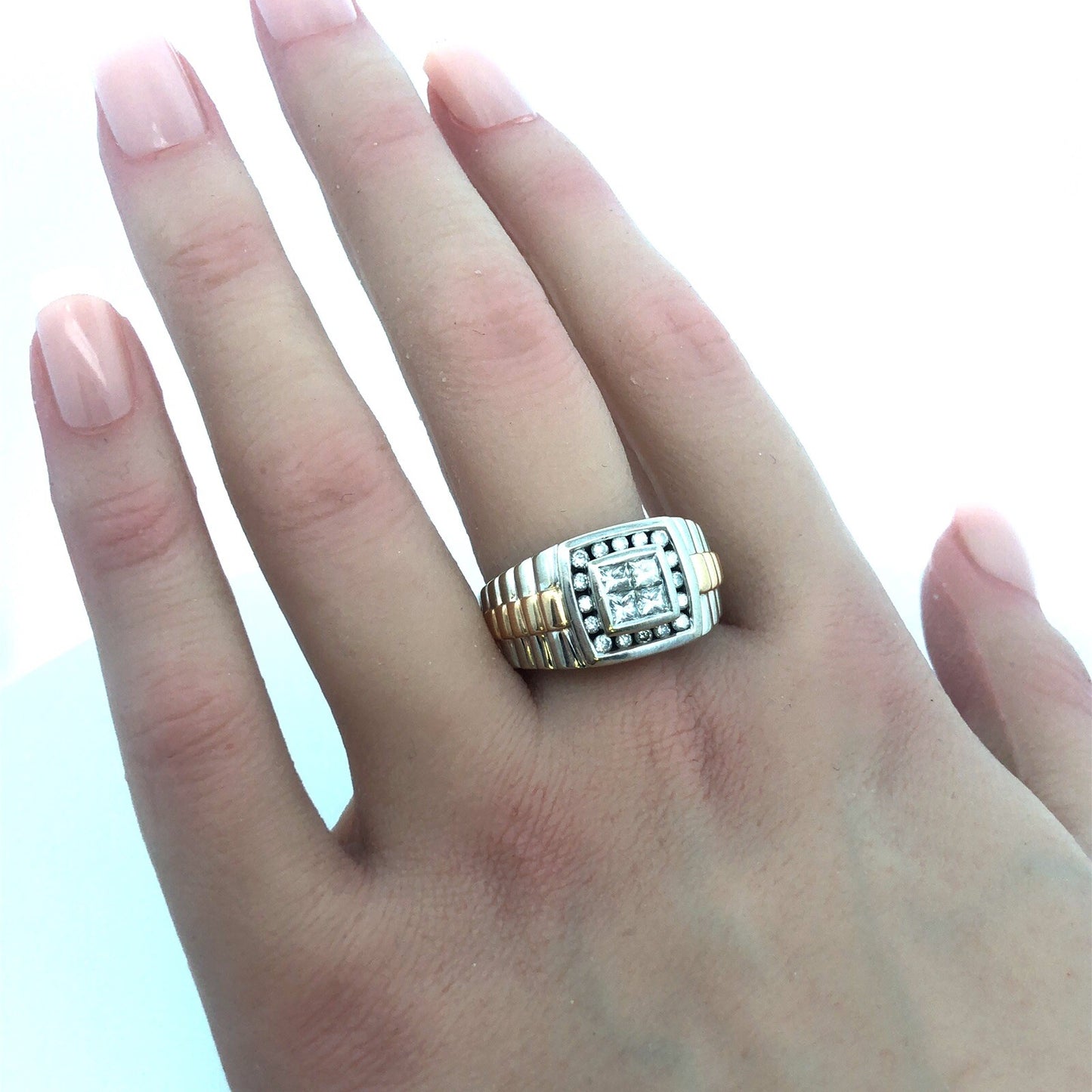 14K White Yellow Gold Princess Diamond Quad Men's Two Toned Ribbed Dome Ring
