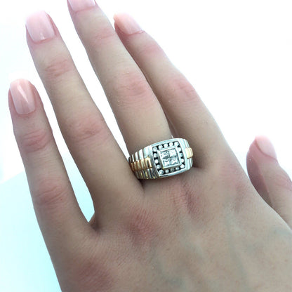 14K White Yellow Gold Princess Diamond Quad Men's Two Toned Ribbed Dome Ring