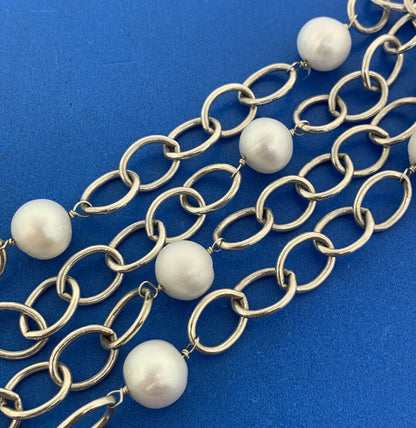 925 Sterling Silver Baroque Pearl Oval Link Double Chain Toggle Necklace