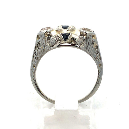 Vintage Platinum Oval Sapphire Round Diamond Trio Filigree Engagement Ring