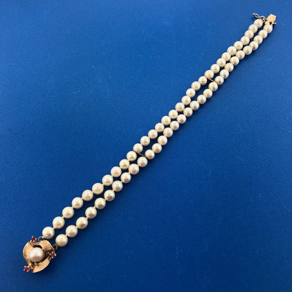 Vintage Elegant 14K Yellow Gold Ruby Pearl Double Strand Bridal Pearl Bracelet