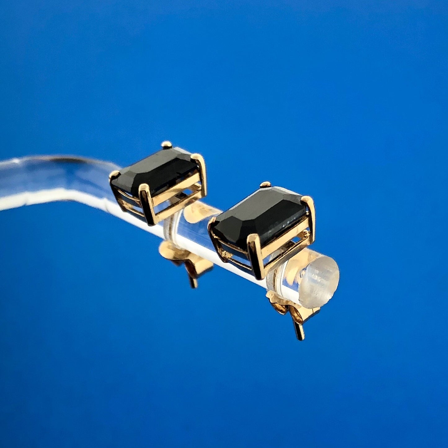 Gorgeous 14k Yellow Gold Emerald Cut Blue Sapphire Friction Back Stud Earrings