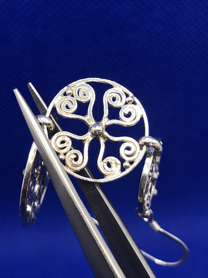 Designer BA 925 Sterling Silver Filigree Scroll Flat Round Dangle Hook Earrings