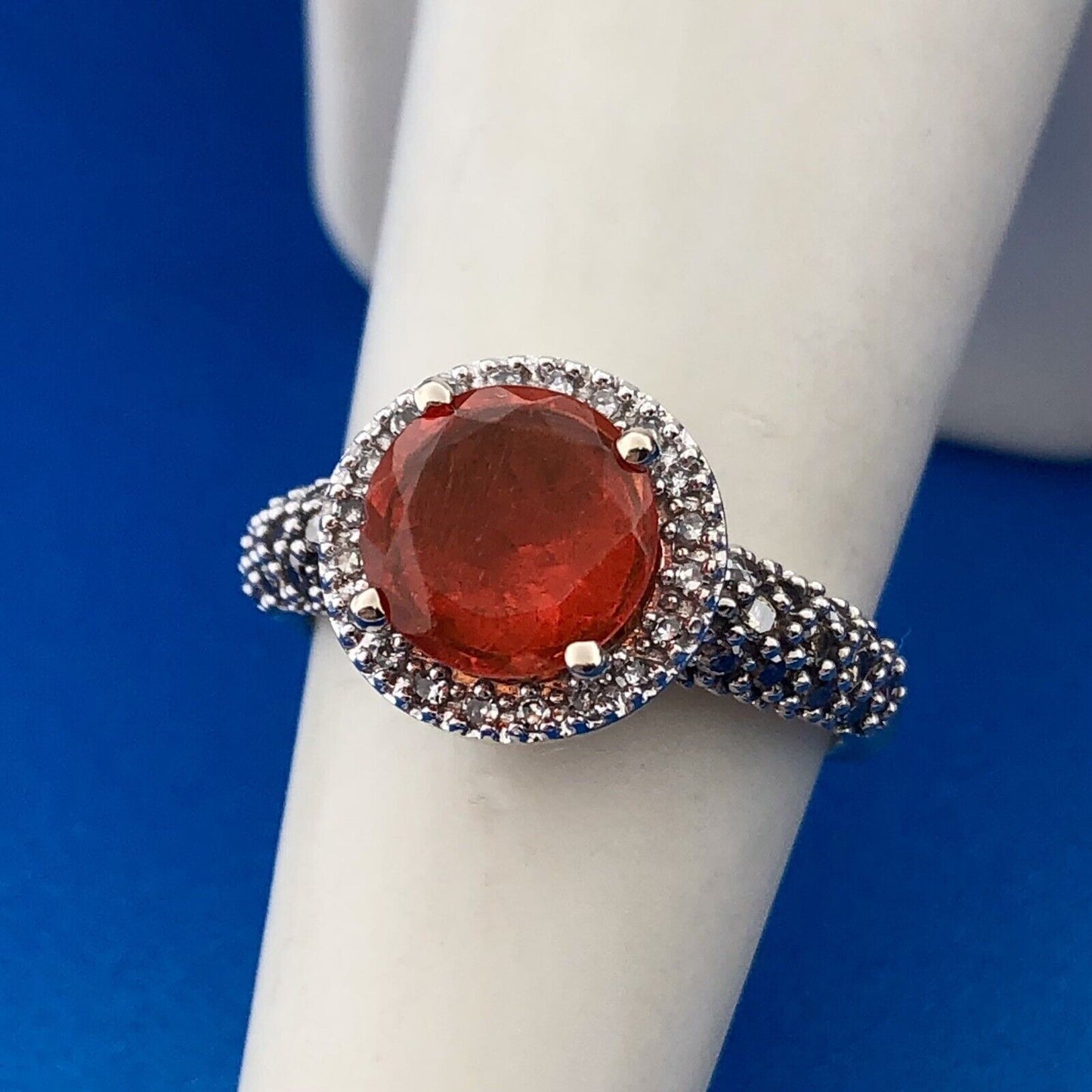 Stunning 14K White Gold Mexican Fire Opal Diamond Halo Ladies Cocktail Ring