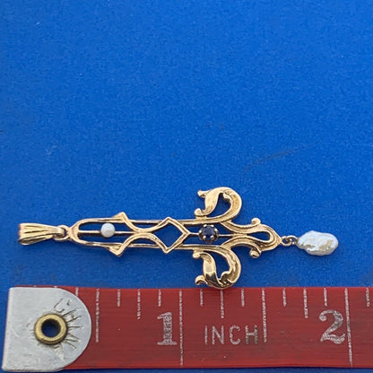 Antique 14K Yellow Gold Sapphire Pearl Scroll Statement Pendant