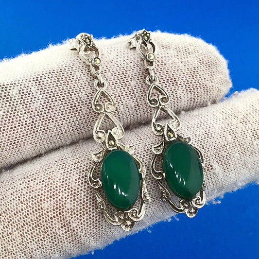 Sterling Silver 925 Oval Green Onyx Marcasite Openwork Filigree Dangle Earrings