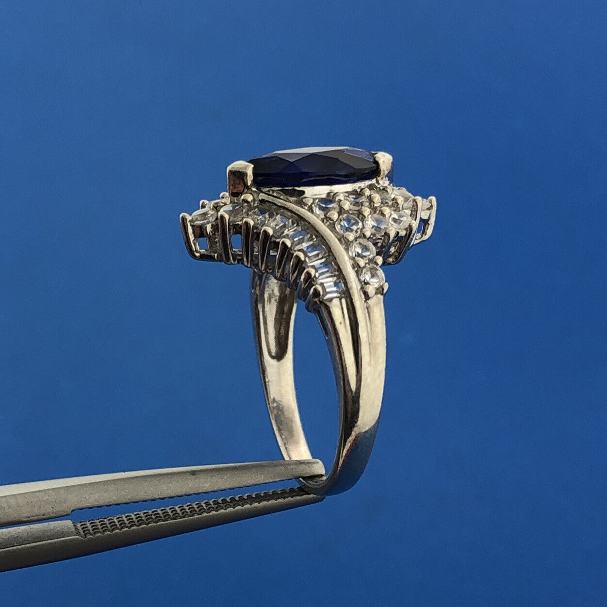 925 Sterling Silver Blue Spinel White Topaz Statement Anniversary Ring