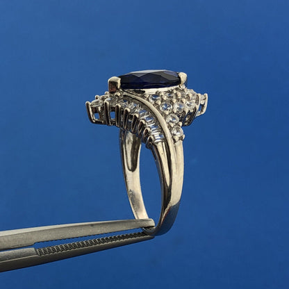 925 Sterling Silver Blue Spinel White Topaz Statement Anniversary Ring
