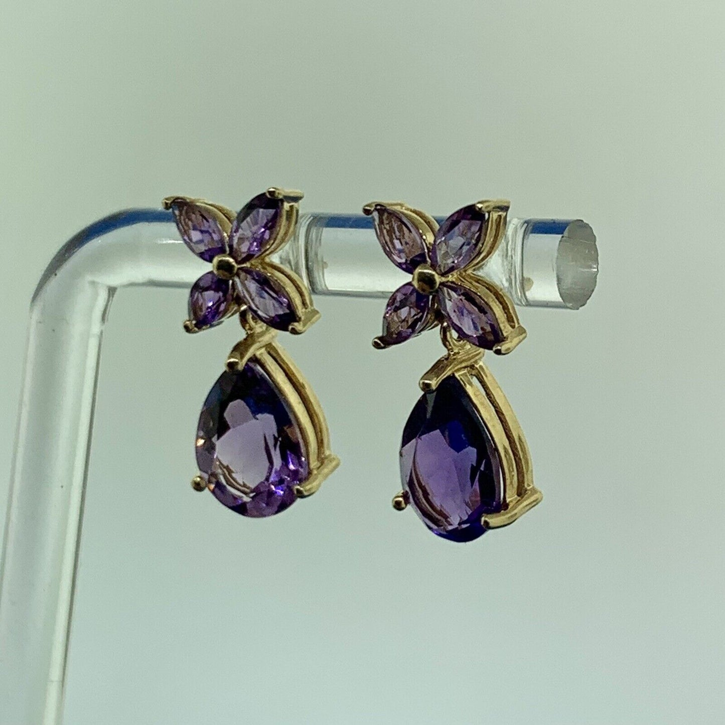 Designer Mexico 14K Yellow Gold Amethyst Dangle Drop Floral Flower Stud Earrings