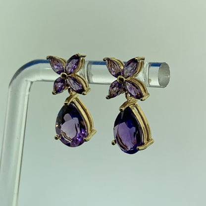 Designer Mexico 14K Yellow Gold Amethyst Dangle Drop Floral Flower Stud Earrings