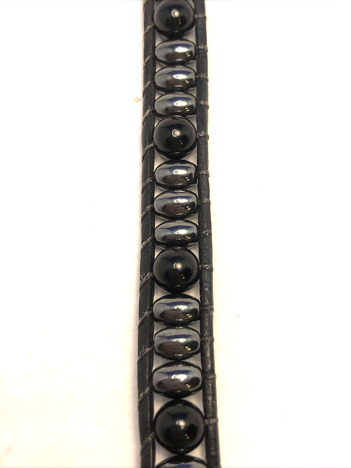 Unisex 999 Fine Silver Medallion Black Onyx Hematite Bead Black Leather Bracelet