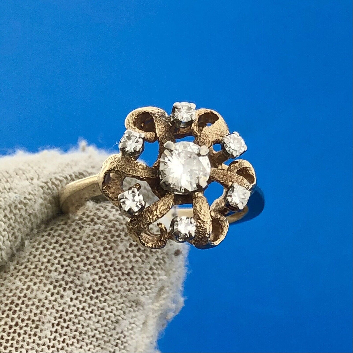 Vintage 14K Yellow Gold Diamond Flower Cluster Ribbon Style Cocktail Ring