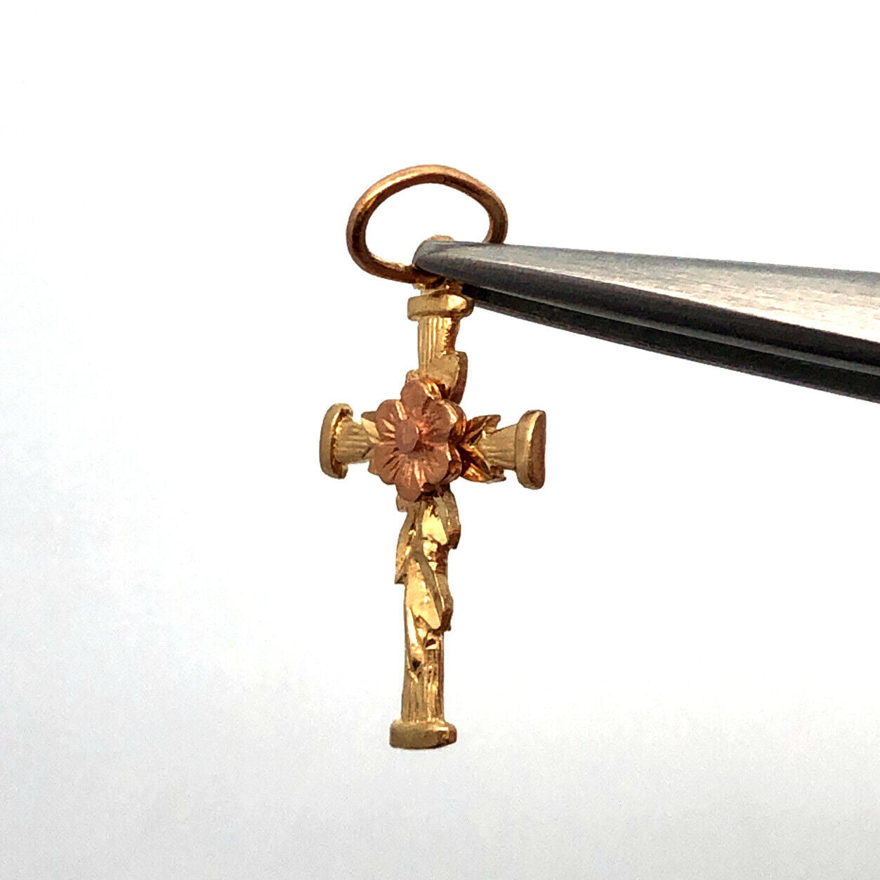 Designer 14K Yellow Gold Rose Gold Flower Leaf Floral Religious Cross Pendant