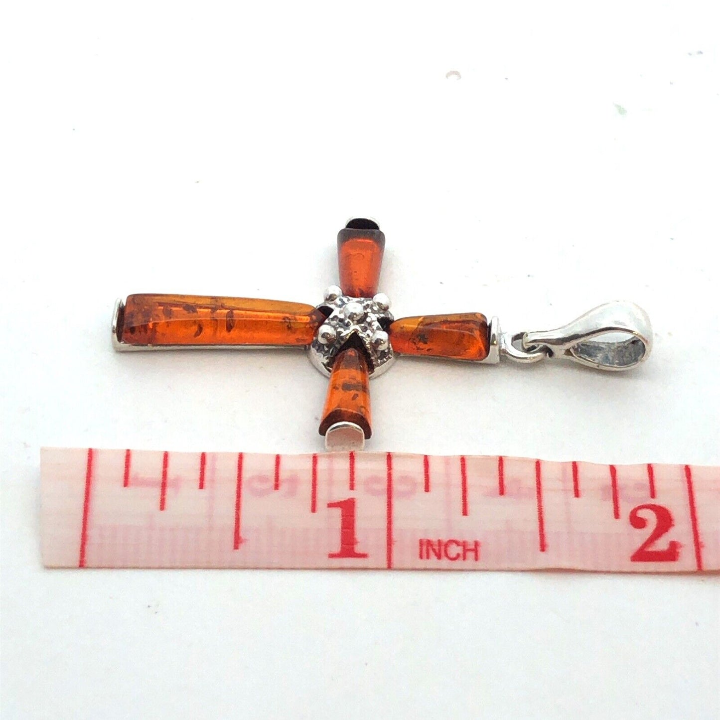 Vintage 925 Sterling Silver Orange Amber Cross Pendant