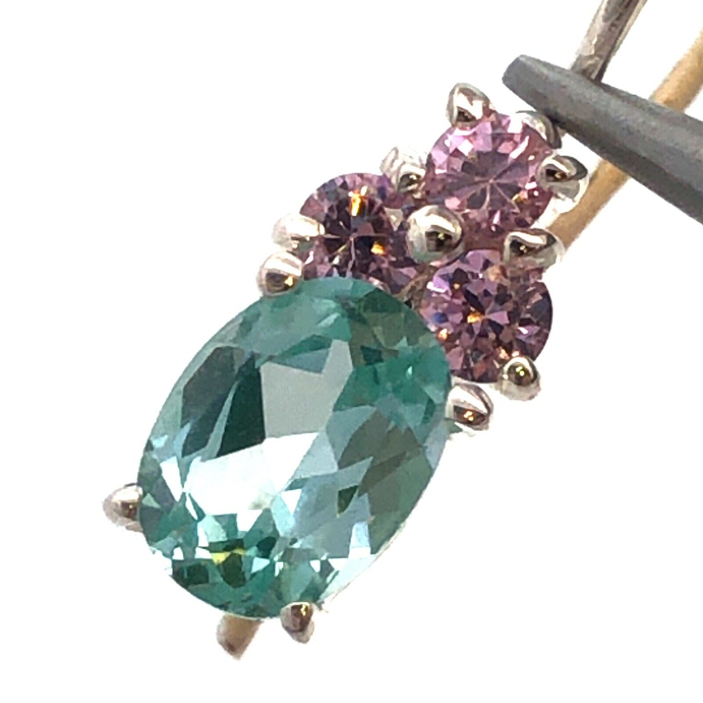 Designer HAN 925 Sterling Silver Oval Aquamarine Pink CZ Dangle Hook Earrings