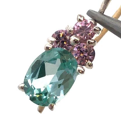 Designer HAN 925 Sterling Silver Oval Aquamarine Pink CZ Dangle Hook Earrings