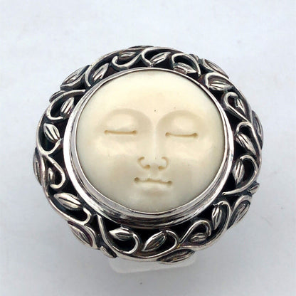 Vintage 925 Sterling Silver Round Carved Resin Moon Face Vine Statement Ring