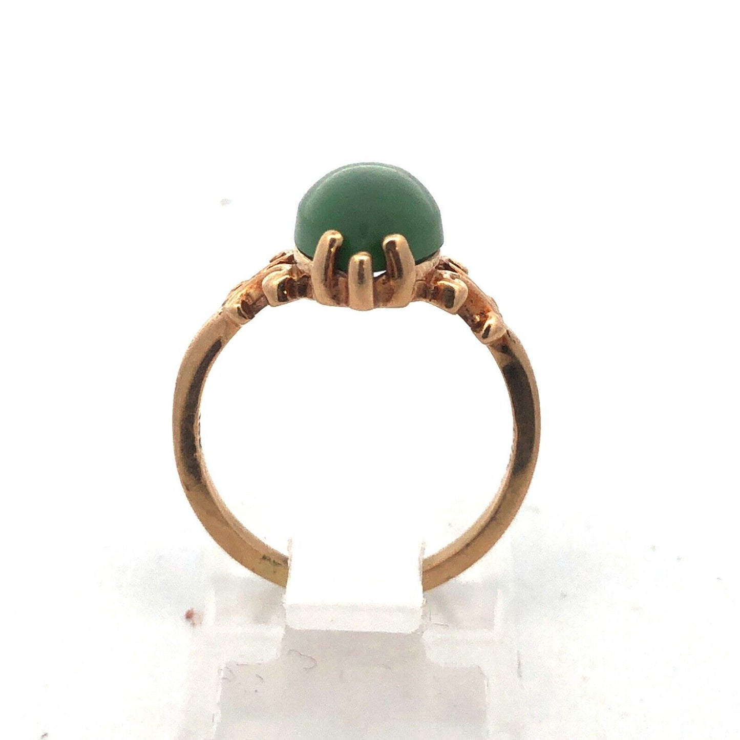 Retro Designer 14K Yellow Gold Solitaire Marquise Jade Jadeite Cabochon Ring
