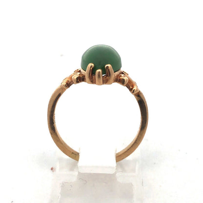Retro Designer 14K Yellow Gold Solitaire Marquise Jade Jadeite Cabochon Ring