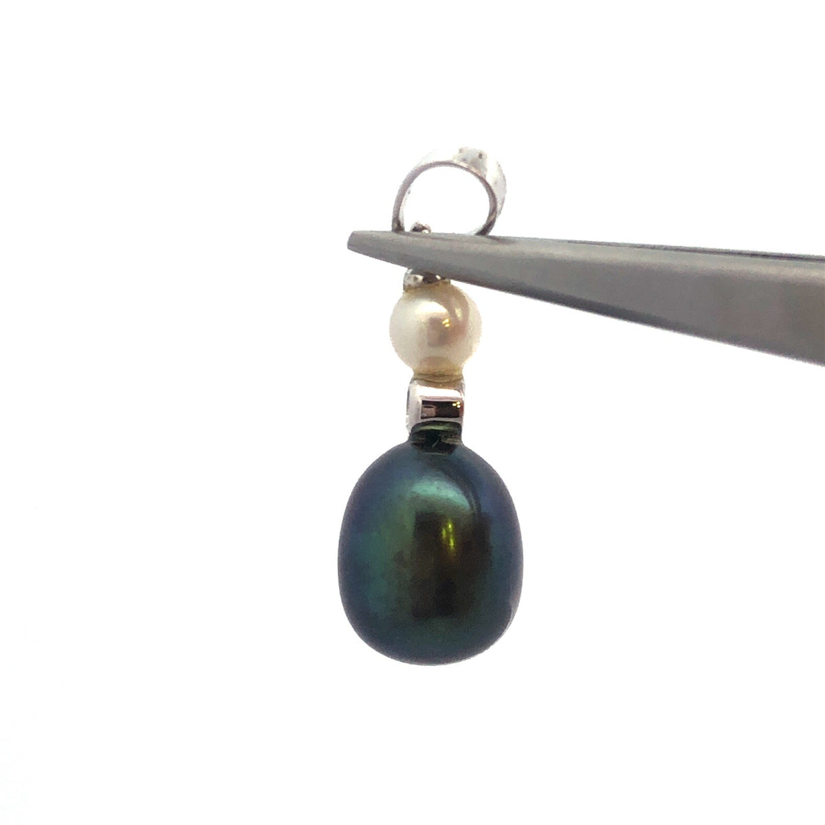 Designer 14K White Gold Black White Pearl Diamond Accented Drop Dangle Pendant