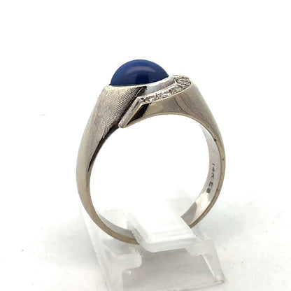 Designer 14K White Gold Blue Star Sapphire Diamond Accented Modernist Ring