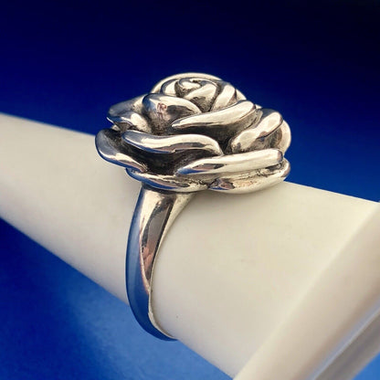 Fun 925 Sterling Silver Textured Rose Camellia Flower Statement Ring