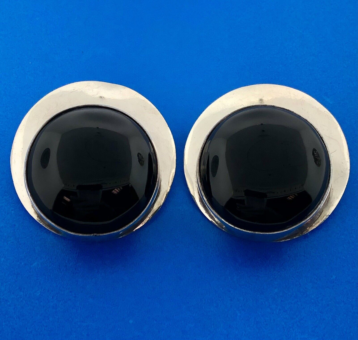 Vintage Sterling Silver 925 TD-34 Taxco Mexico Cabochon Onyx Clip-On Earrings