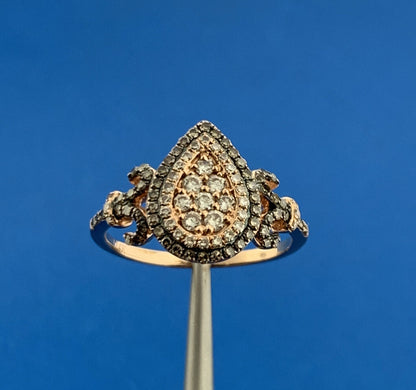 Designer 14K Rose Gold White Mocha Pave Diamond Fleur De Lis Pear Ring