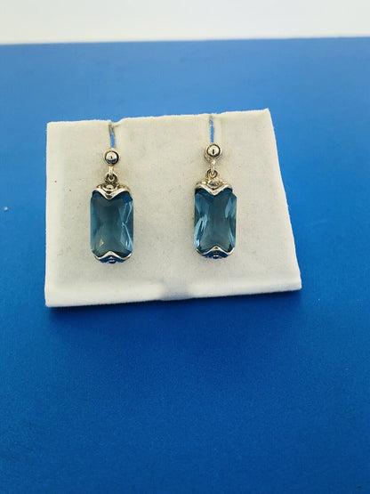 Sterling Silver Rectangle Blue Topaz Bead Scroll Work Statement Drop Earrings