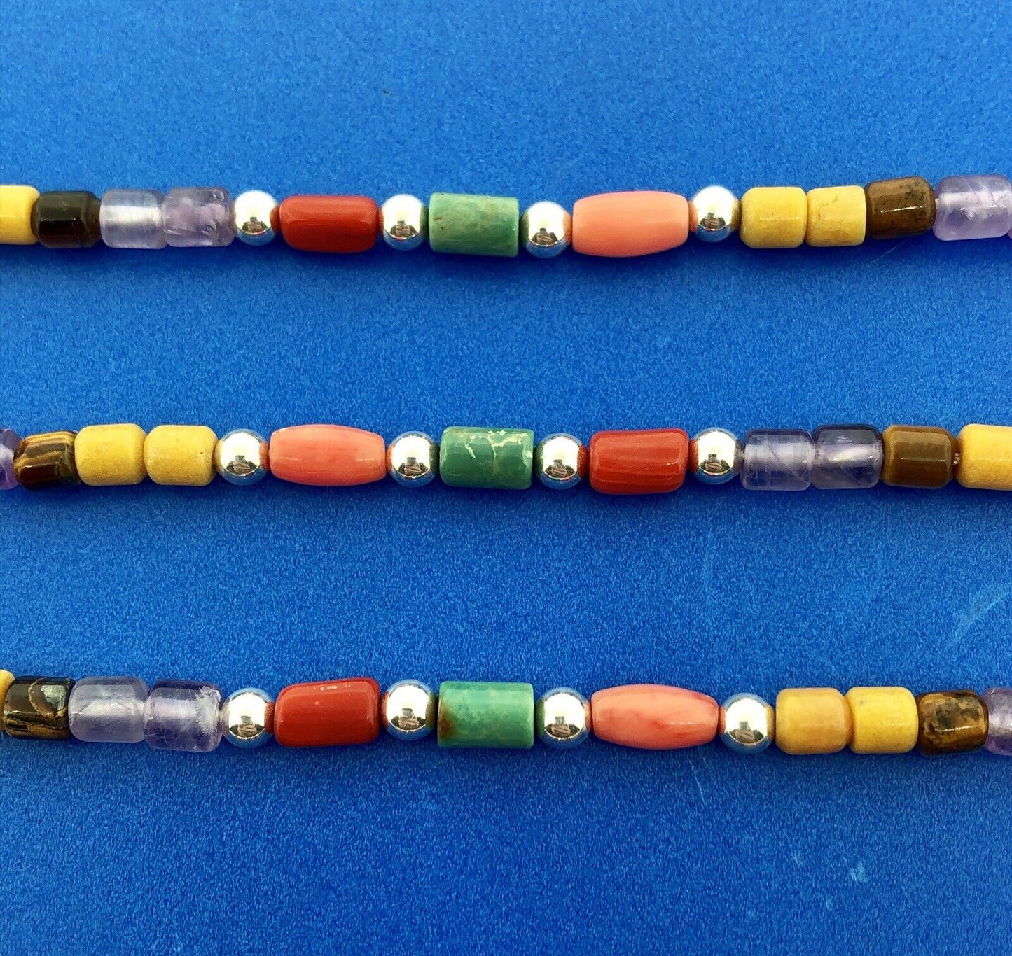 Designer Sterling Silver Turquoise Coral Amethyst Japser Tigers Eye Necklace