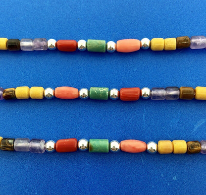 Designer Sterling Silver Turquoise Coral Amethyst Japser Tigers Eye Necklace