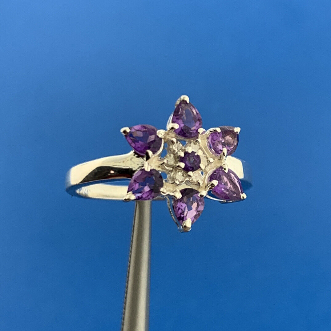 Designer Sterling Silver Amethyst Diamond Flower Cluster February Occasion Ring