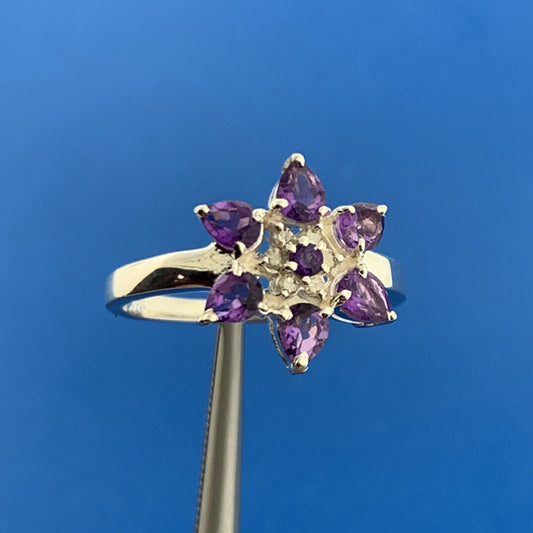 Designer Sterling Silver Amethyst Diamond Flower Cluster February Occasion Ring