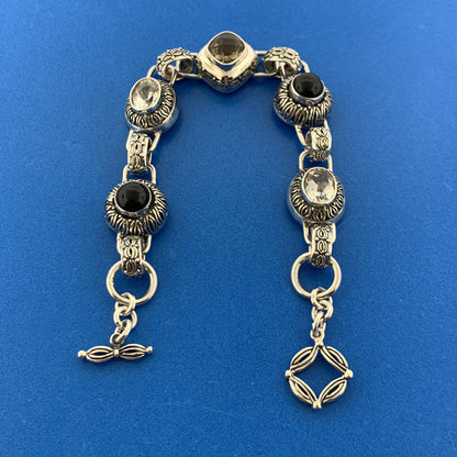Designer Fusion Sterling Silver 925 Onyx Smoky Quartz Topaz 7" Toggle Bracelet