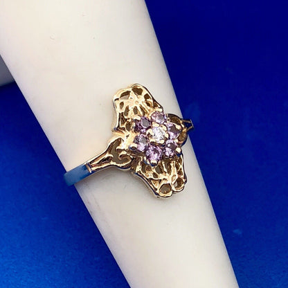 Exquisite Art Deco 10K Yellow Gold Diamond Amethyst Floral February Ring