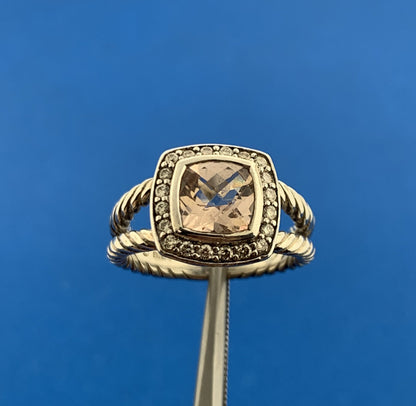 David Yurman 925 Sterling Silver Morganite Pave Diamond Halo Petite Albion Ring